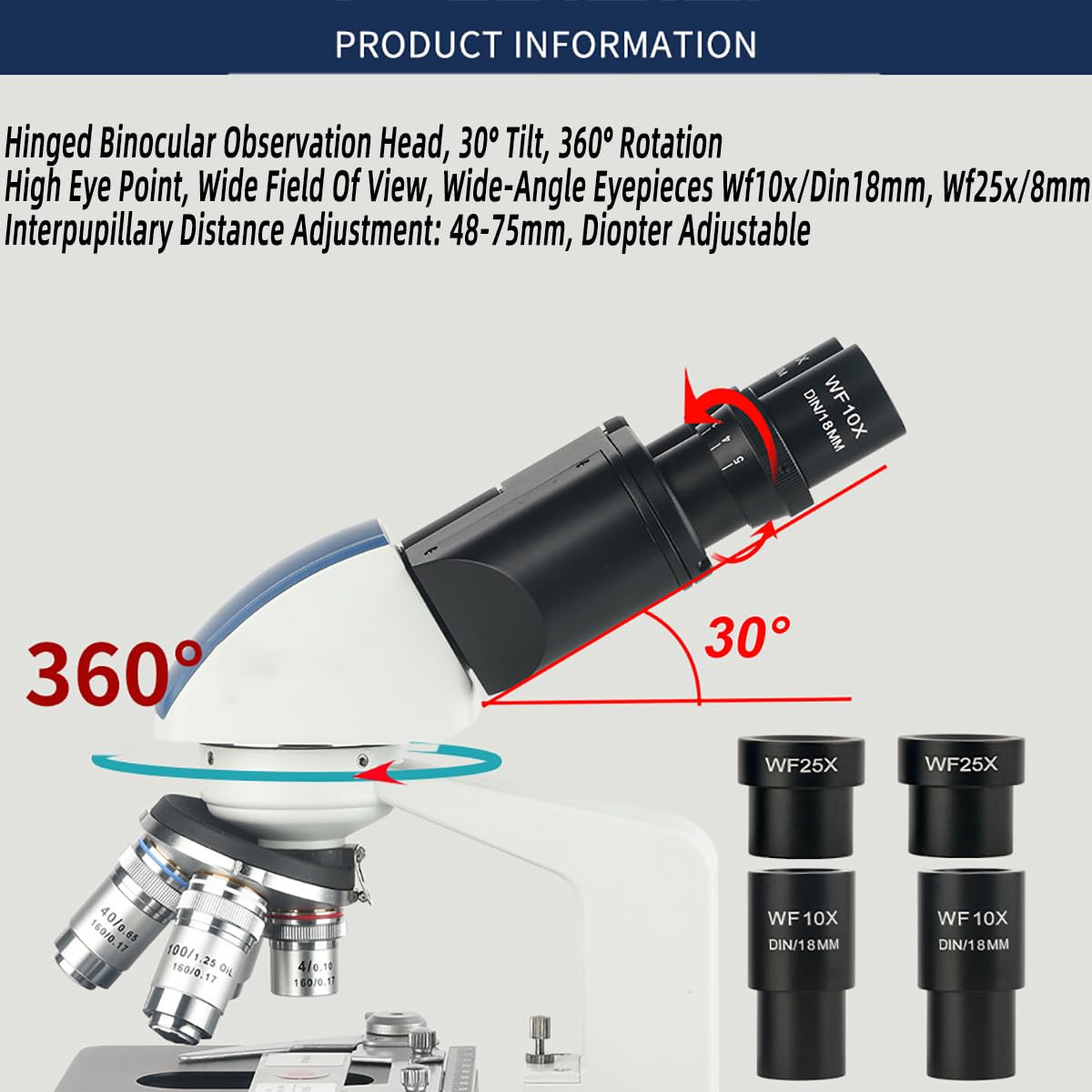 Microscopio biológico Profesional, Equipos y Suministros de Laboratorio, 40X-2500X/4*Objetivo/4*Ocular, con Condensador Abbe, Fuente de luz LED hacia Arriba y hacia Abajo