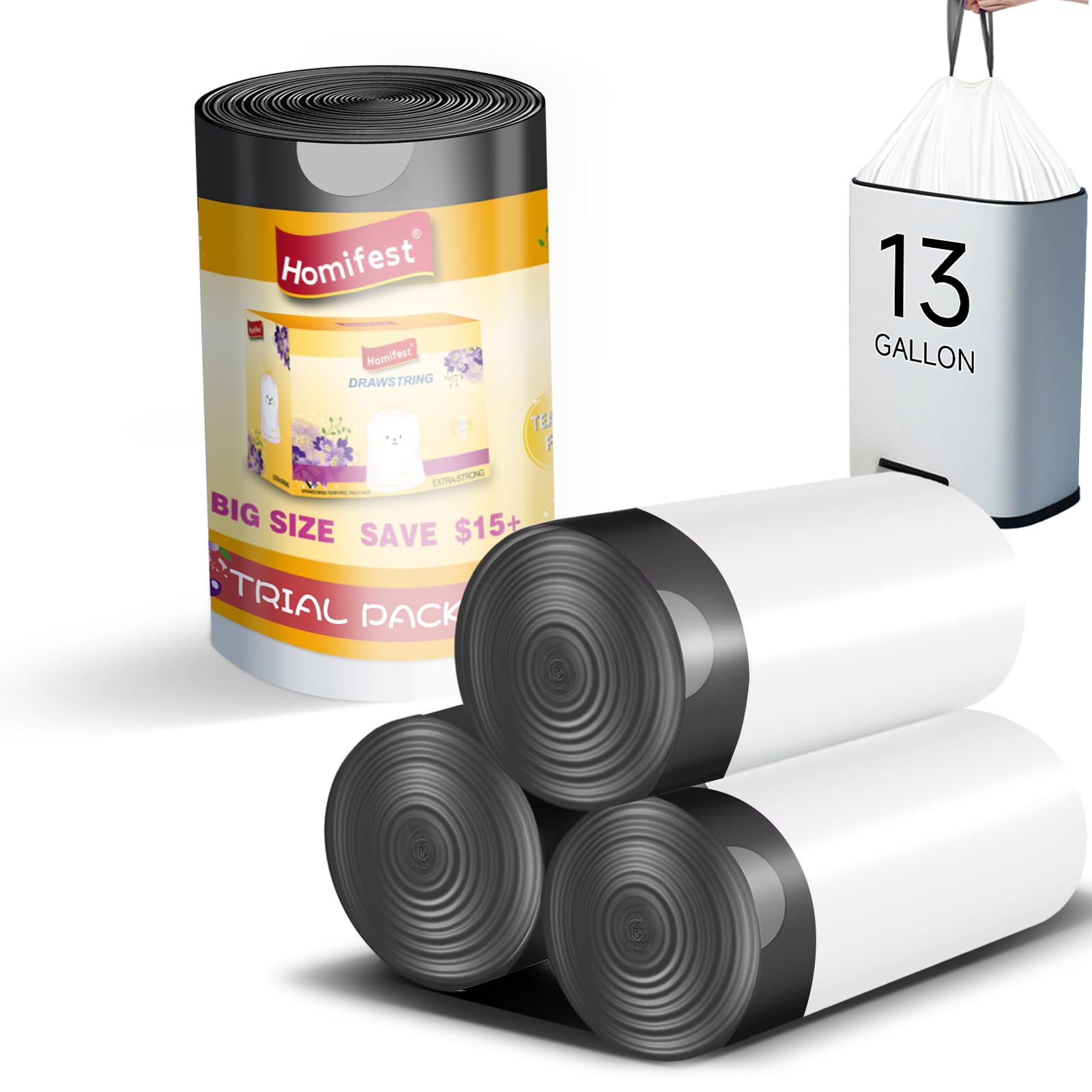 Homifest 13 Gallon Drawstring Trash Bags, 20 Count