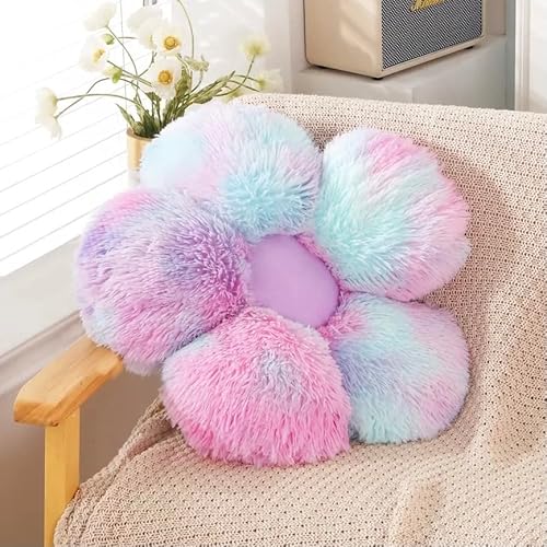 UGEYAO Faux Fur Flower Pillow,Flower Shaped Throw Pillow Butt Cushion Flower Floor Pillow,Seating Cushion,Cute Room Decor & Plush Pillow for Bedroom Sofa Chair (19.7 Inches, Rainbow Purple)