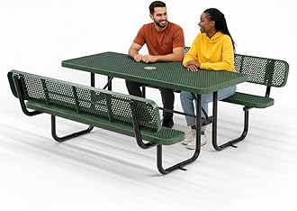 OUTTANS Commercial Heavy-Duty Metal Picnic Table with Backrest - ADA Compliant, Adjustable Seats, Umbrella Hole, Expanded Metal (Green, 6' Rectangular with Back)
