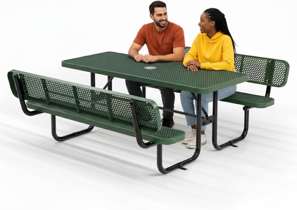 Commercial Heavy-Duty Metal Picnic Table with Backrest - ADA Compliant, Adjustable Seats, Umbrella Hole, Expanded Metal (Green, 6' Rectangular with Back)