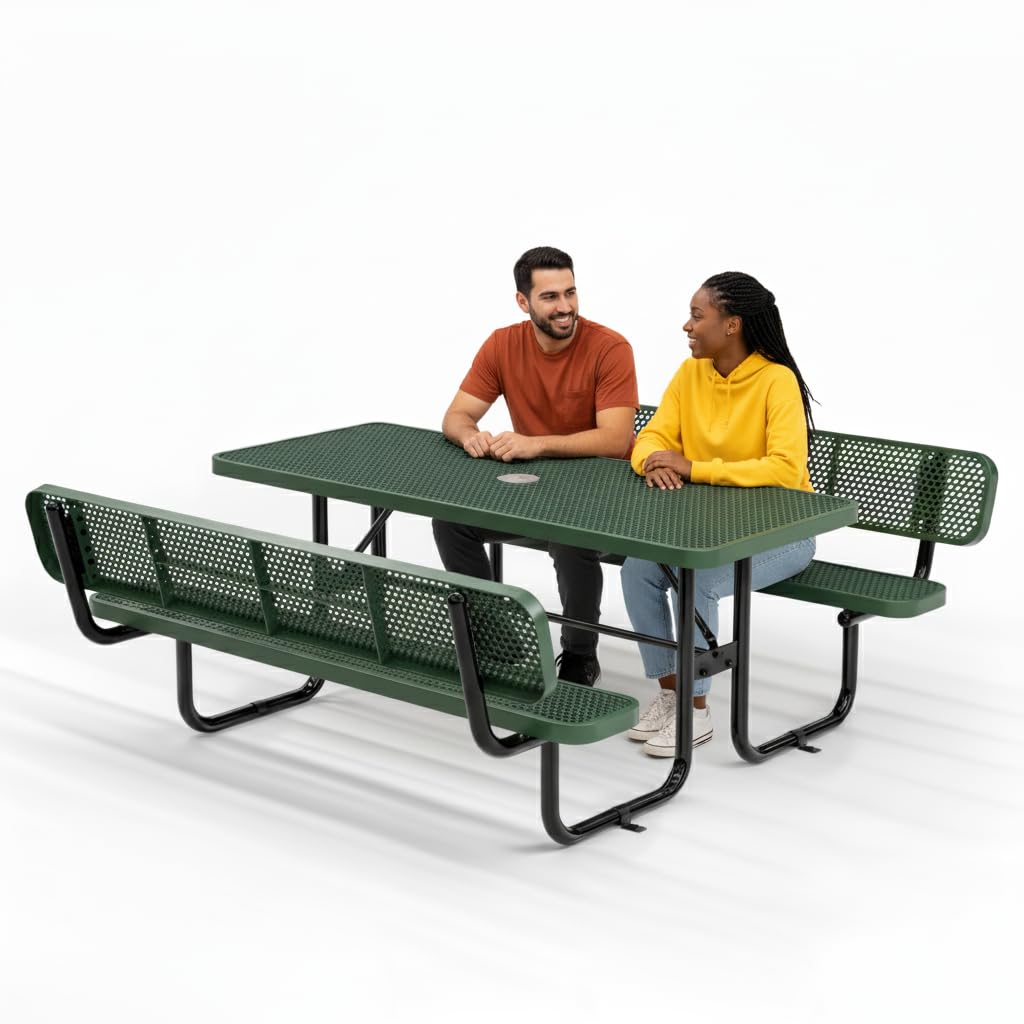 Commercial Heavy-Duty Metal Picnic Table with Backrest - ADA Compliant, Adjustable Seats, Umbrella Hole, Expanded Metal (Green, 6' Rectangular with Back)