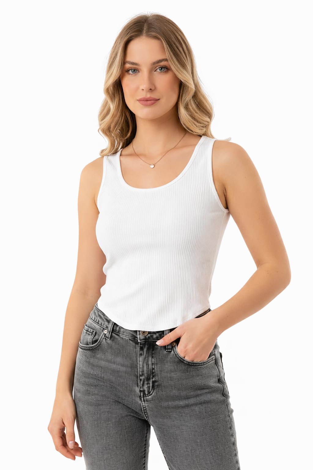 TRcaurrat Women's White Ribbed Tank Top | Sleeveless U-Cut Scoop Neck | Stretchy & Form-Fitting Spaghetti Strap Top for Women & Girls | Stylish Everyday Essential for a Trendy Look (White)-picture-10