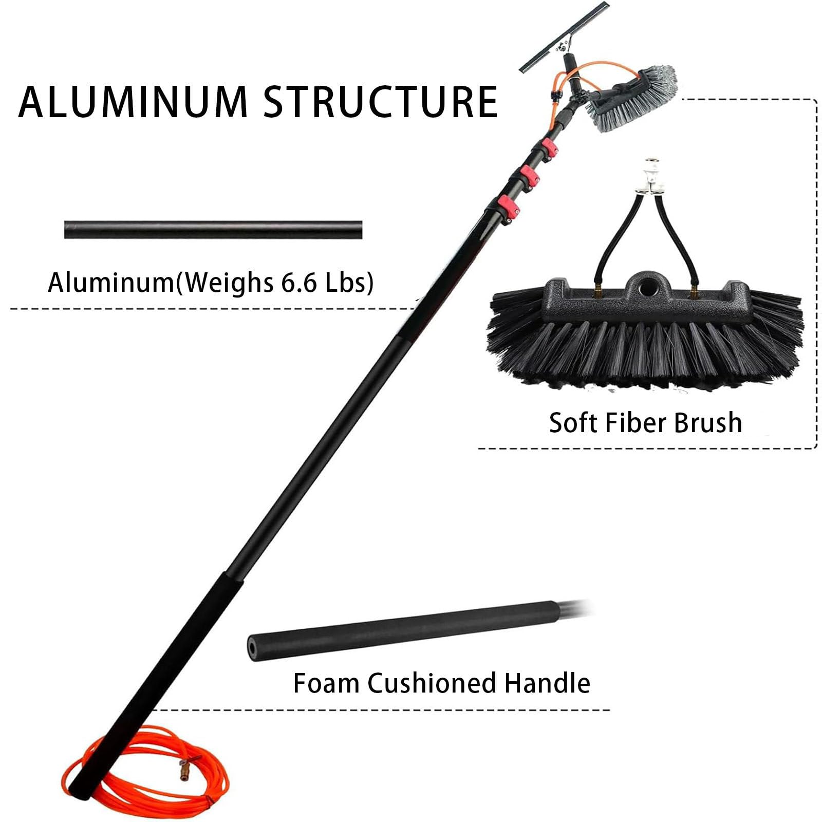 Cepillo para Limpieza De Ventanas, Poste Alimentado con Agua con Mango Extendido Y Manguera De Agua, Kit De Limpieza De Paneles Solares con Poste De ExtensióN,6m(20ft)