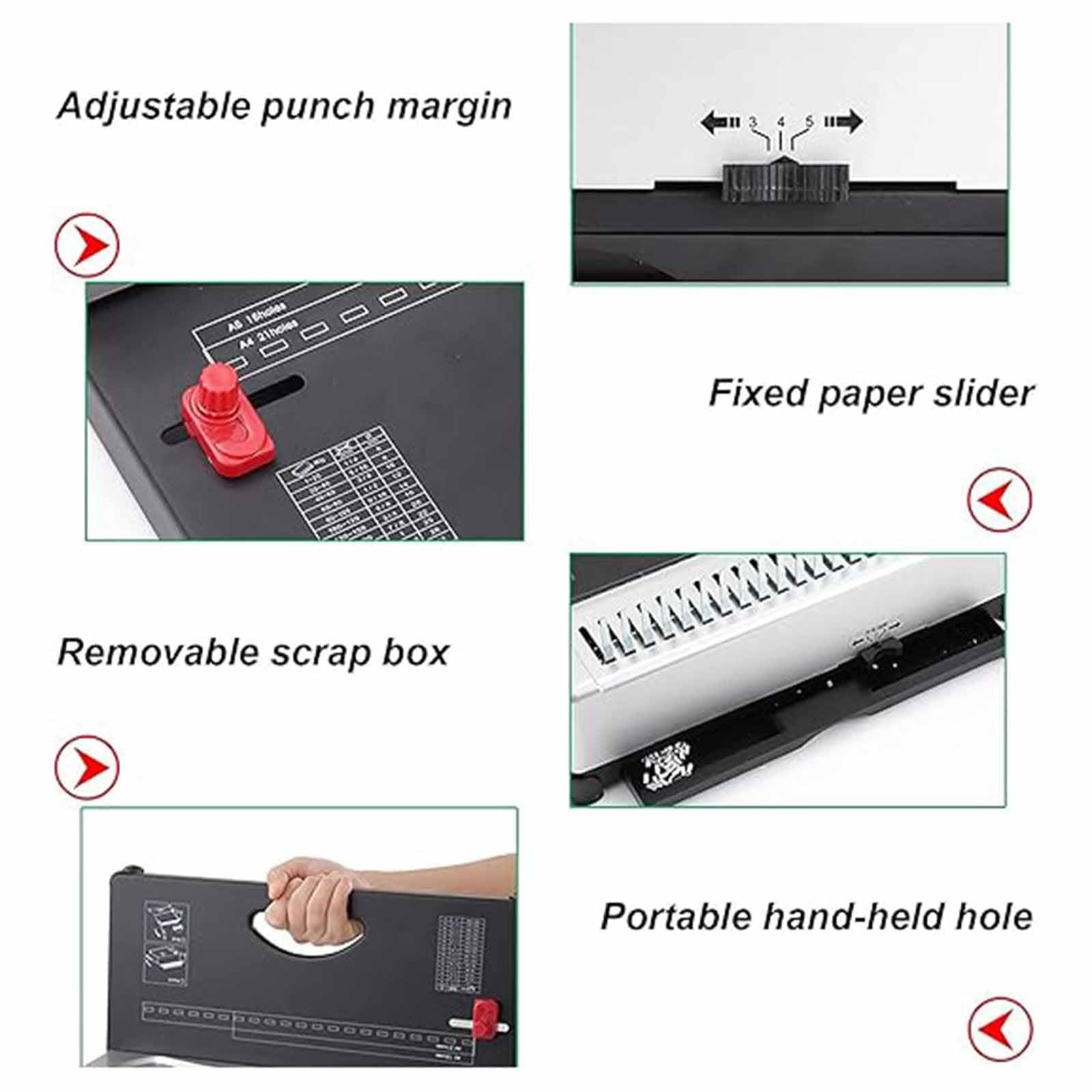 Rilegatrice Ad Anelli Plastici A 21 Fori per Documenti A4/A5 - Perfora 12 Fogli Contemporaneamente, capacità 450 Fogli, Margine Fori Regolabile da 3/4/5 Mm, Raccoglitore per Ufficio,A