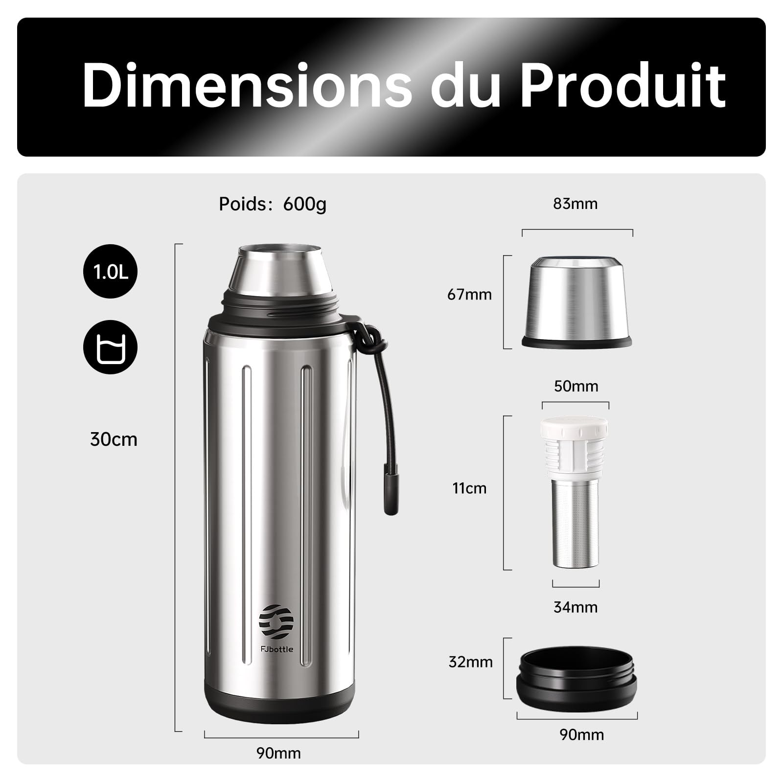 1L Thermo Café Isotherme avec Tasse(72h Froides et 24h Chaudes) Termosse Cafe Chaud avec Fond Amovible et Thé Filtre sans BPA Pour les Déplacements, le Bureau et l'école(Argent)
