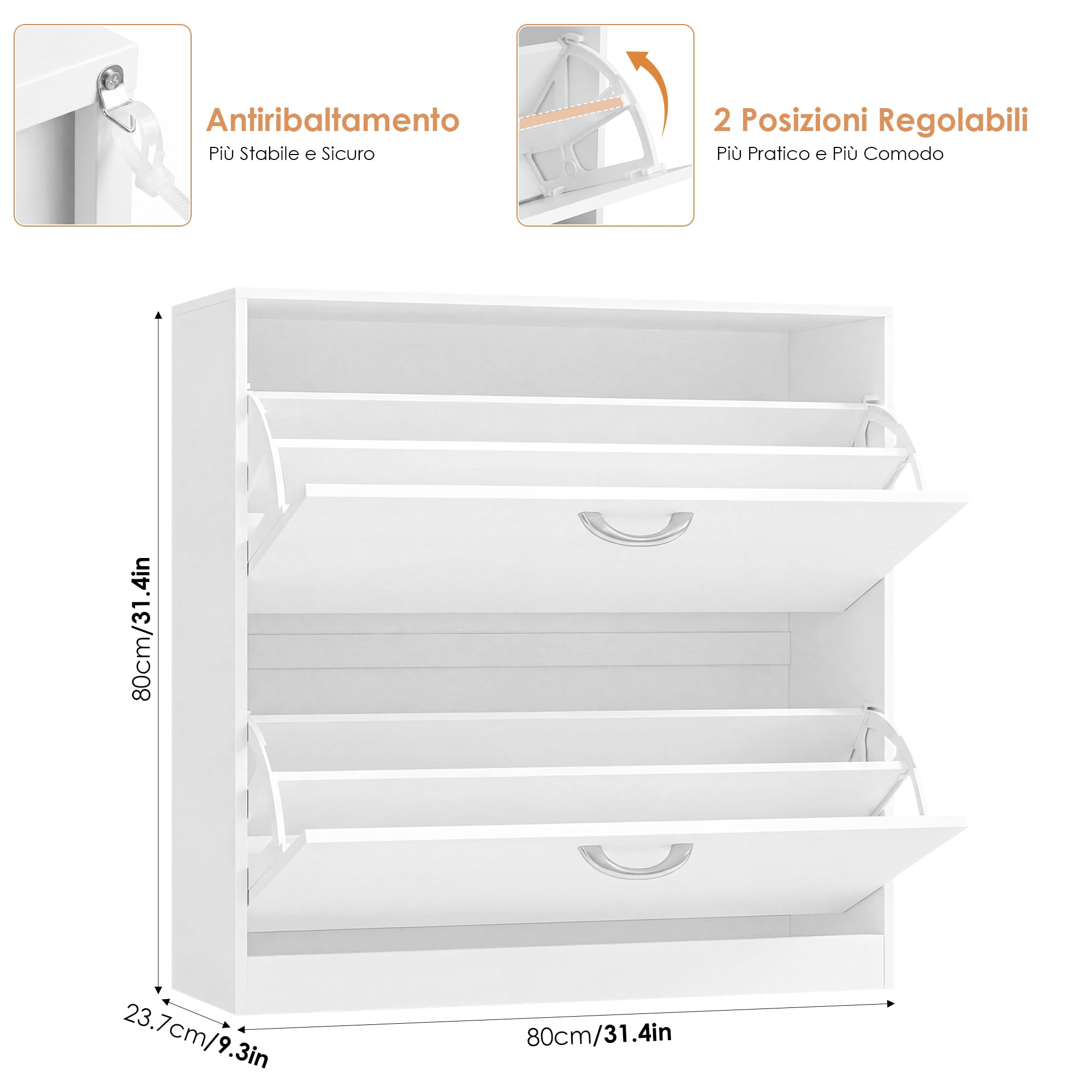 FirFurd Scarpiera Portascarpe,Scarpiera Slim Salvaspazio con 2 Ante a Ribalta,Divisore Regolabile e Rimovibile,per 12 Paia di Scarpe 80x23.5x80cm Bianco