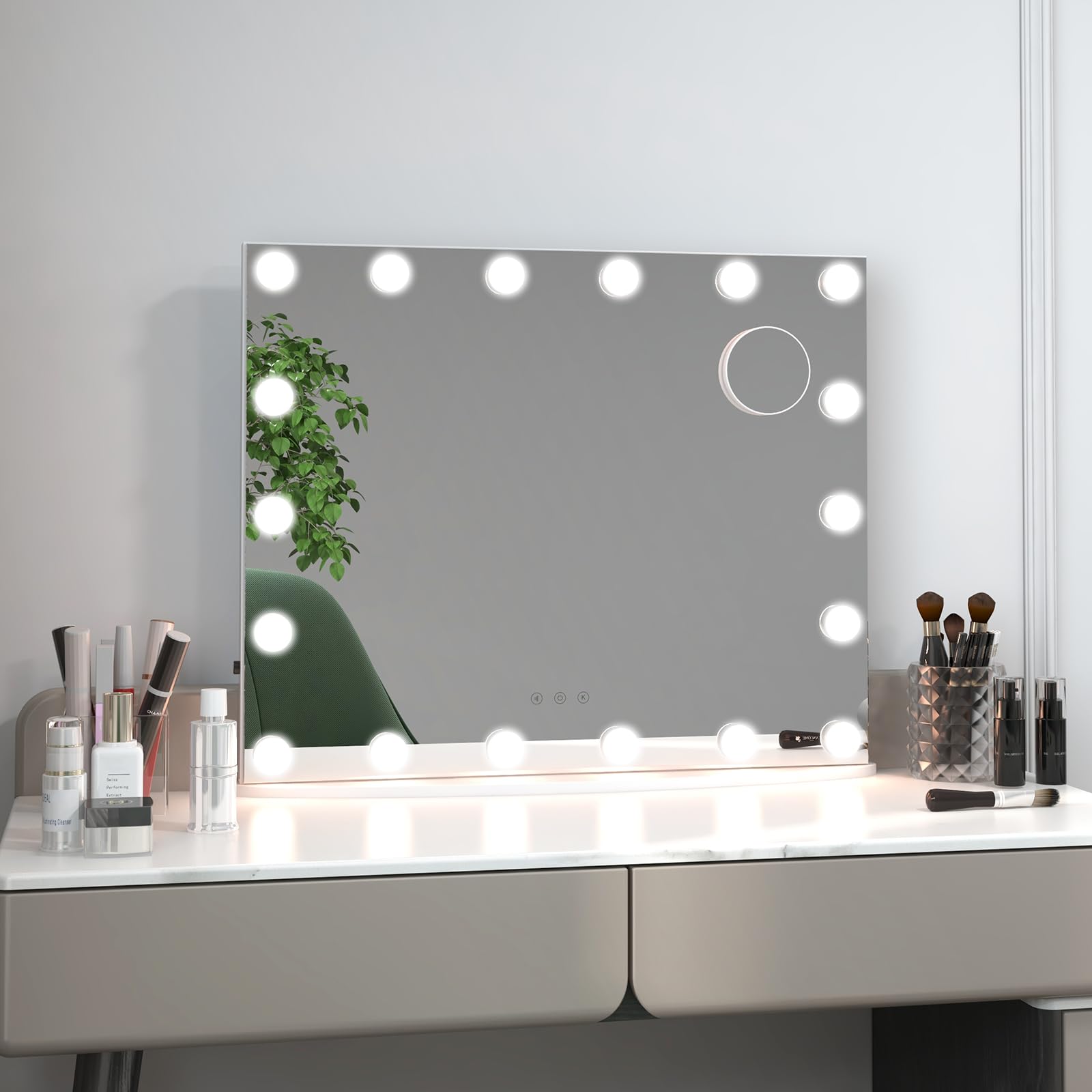HOMASIS Specchio Trucco con 18 Luci LED Dimmerabili, 62,5x51 cm, Specchio per Trucco con 3 Colore, Specchio da Cosmetico con Controllo Touch e Ingranditore, Illumizione da Tavolo e da Parete
