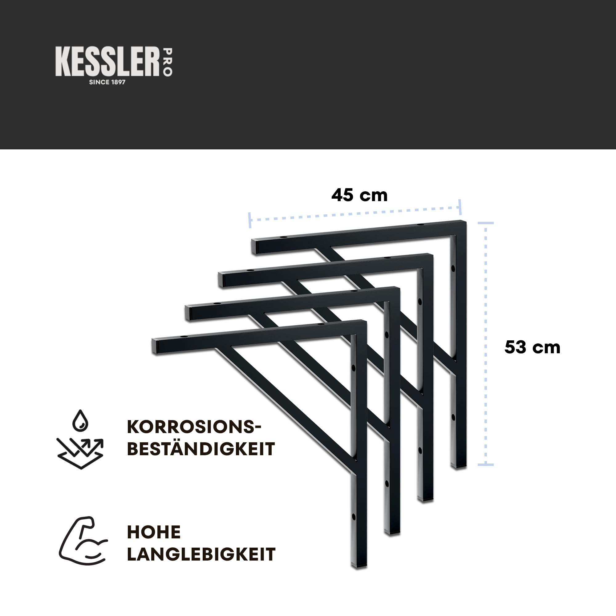 Wandhalterung L-förmig, Stahl, Schwarz 4 Stuck - 530 x 450 mm | pulverbeschichteter Stahl, Regale, Tische, Schreibtische, Arbeitsplatten, modern, Anleitung inklusive