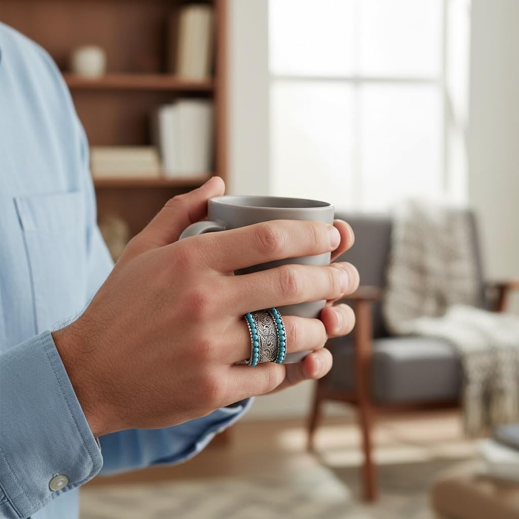 HAIXIAN Double row Turquoise Spheres lucky Flower Pattern Engraved Band Ring for Women Man,S925 Sterling Silver Retro Vintage Hawaiian National Style Boho Ring Jewelry