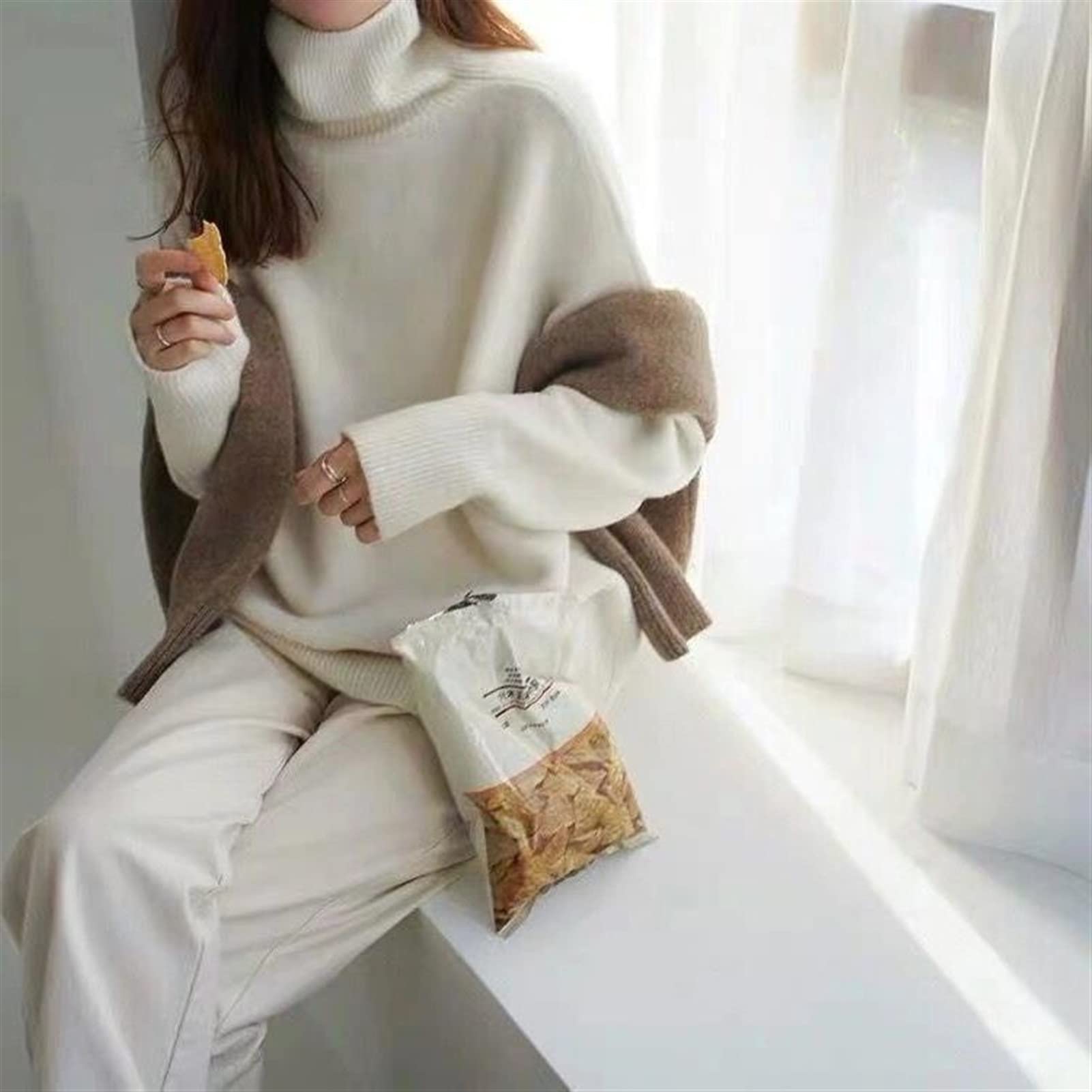 Générique Pull à Col Roulé Ample pour Femme, Vêtement en Maille Décontracté pour Lautomne Et Lhiver, Chaud Et Coupe-Vent, Style Coréen Décontracté (Camel One Size)
