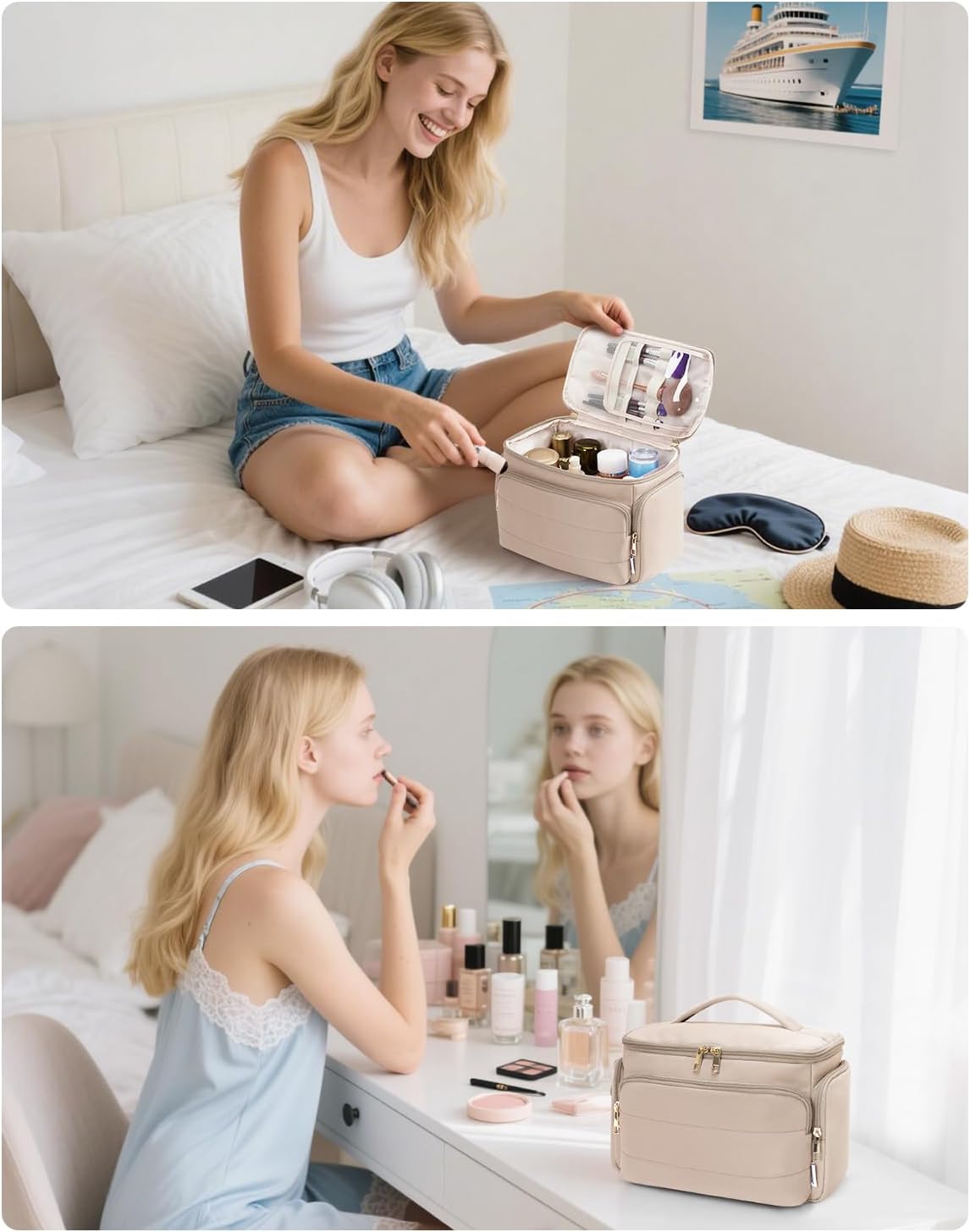 WANDF Travel Toiletry Bag for Women, Wide-open Large Makeup Bag with Handle, Puffy Makeup Organizer for Toiletries, Cosmetics, Accessories, Essentials (Light Khaki) - Image 8