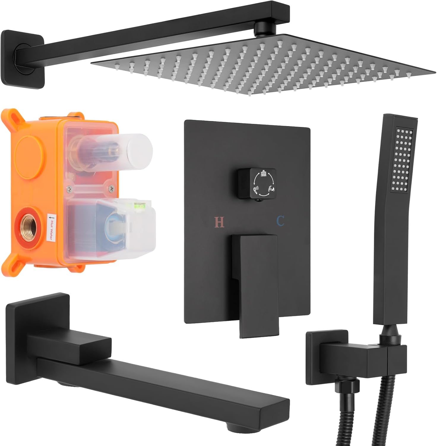 Brushed Gold Square Shower Head with Handheld Set, Rainfall Shower System Modern Wall Mounted Shower Faucet for Bathroom 12 inch (With Shower Valve)