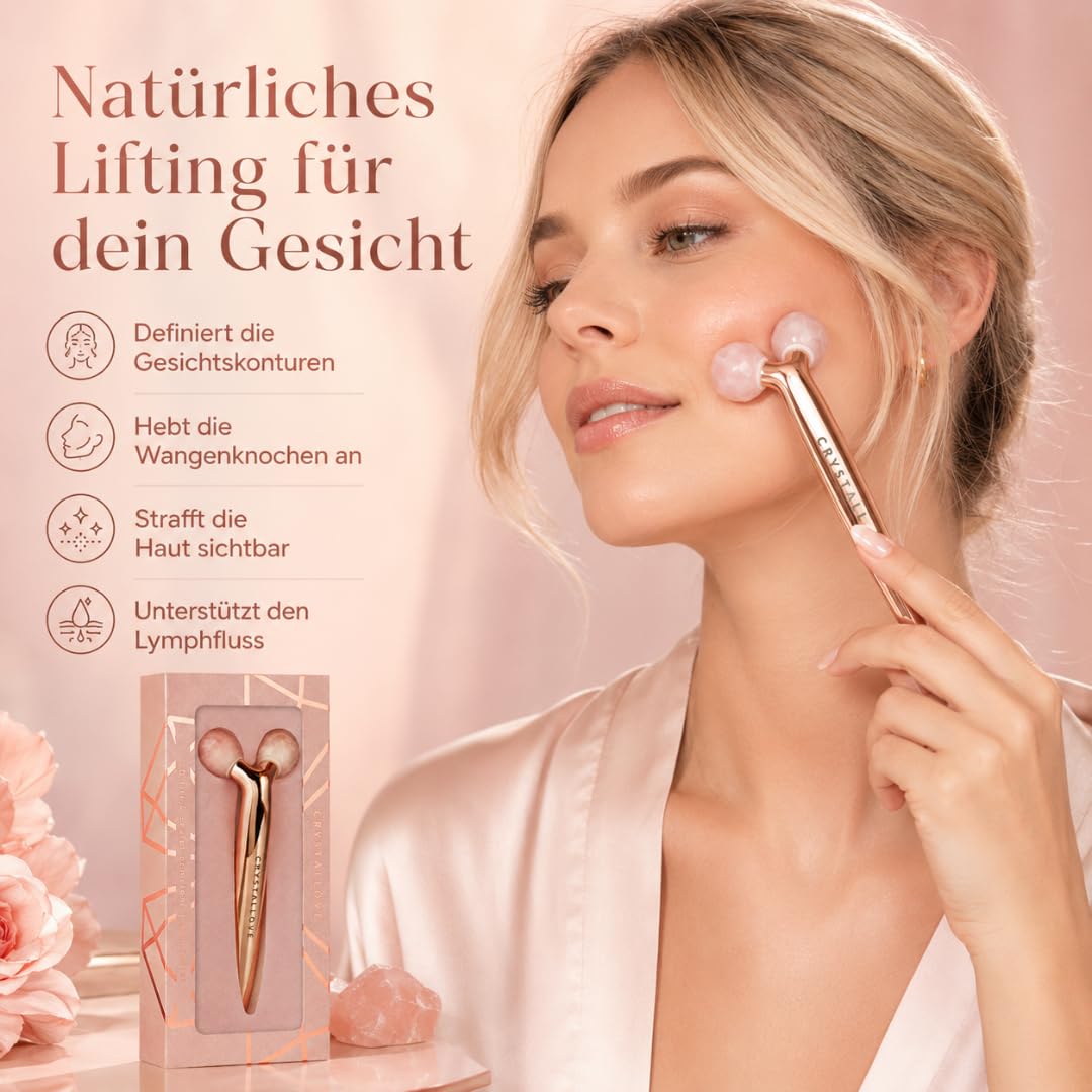 CRYSTALLOVE 3D Rosenquarz Gesichtsroller – Gesichtsmassagegerät für Lifting & Anti Aging – Massage Roller gegen Schwellungen & Augenringe – Beauty Tool für Gesicht, Hals & Dekolleté