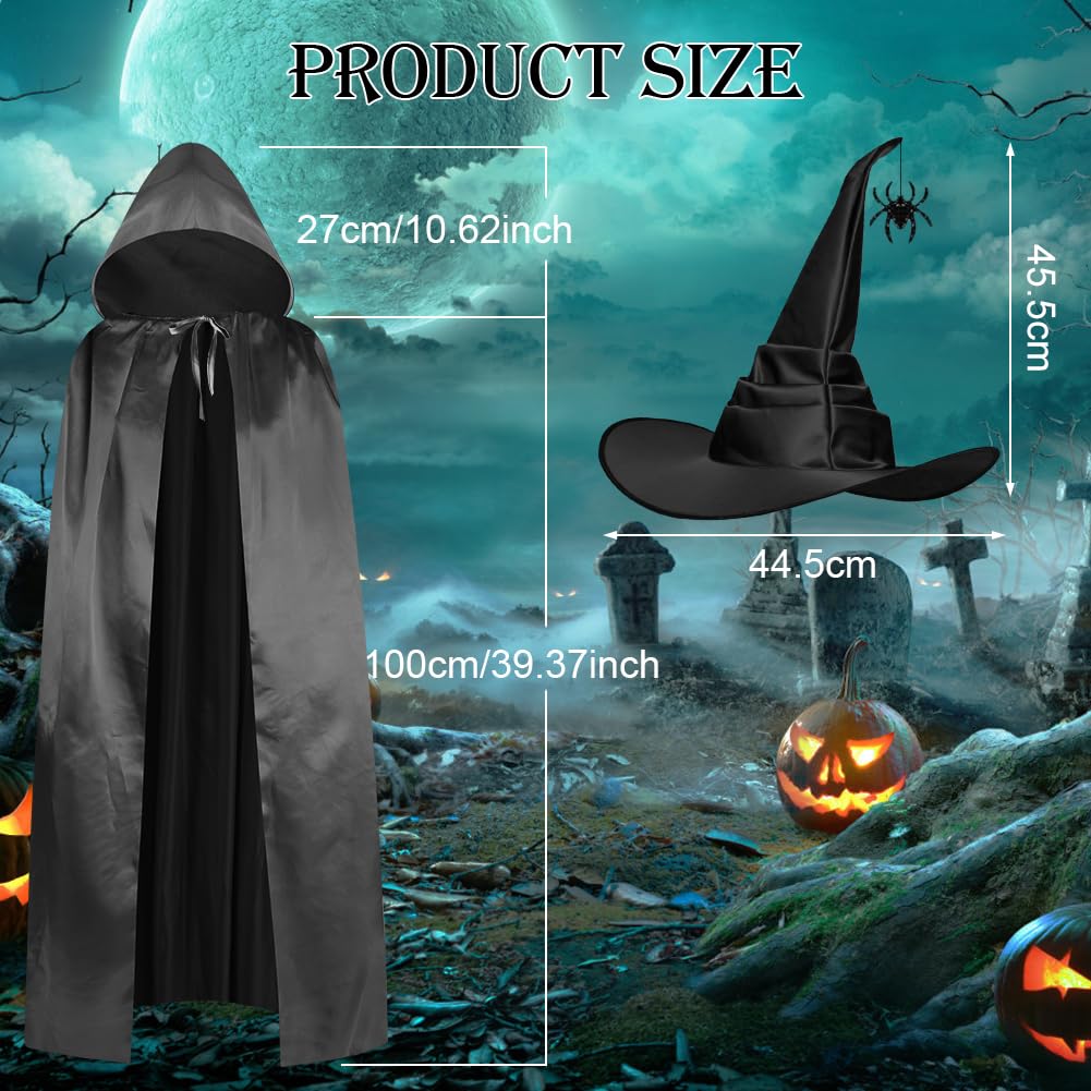 AUYAO Kostium czarownicy, damski kostium czarownicy, kompletny zestaw z peleryną z kapturem/kapeluszem pająka, peleryna na Halloween, kostium dla dorosłych, kobiet i mężczyzn, na Halloween, karnawał
