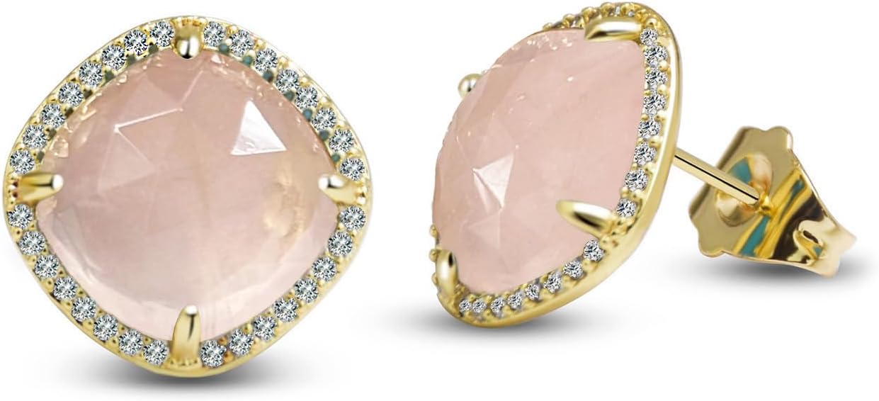 Rose Quartz Earrings, Natural Square Faceted Pink Crystal Earrings for Women, Gold Pink Stud Earrings for Unique Jewelry