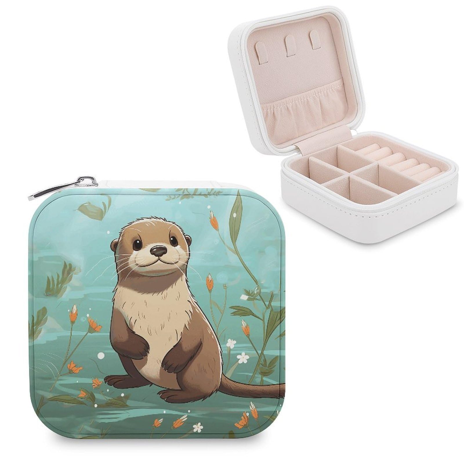JTREHY Travel Cartoon Cute Otter Jewelry Case Portable Display Storage Box PU Leather Mini Jewelry Travel Case Personalized Travel Jewelry Organizer Small Jewelry Box for Women