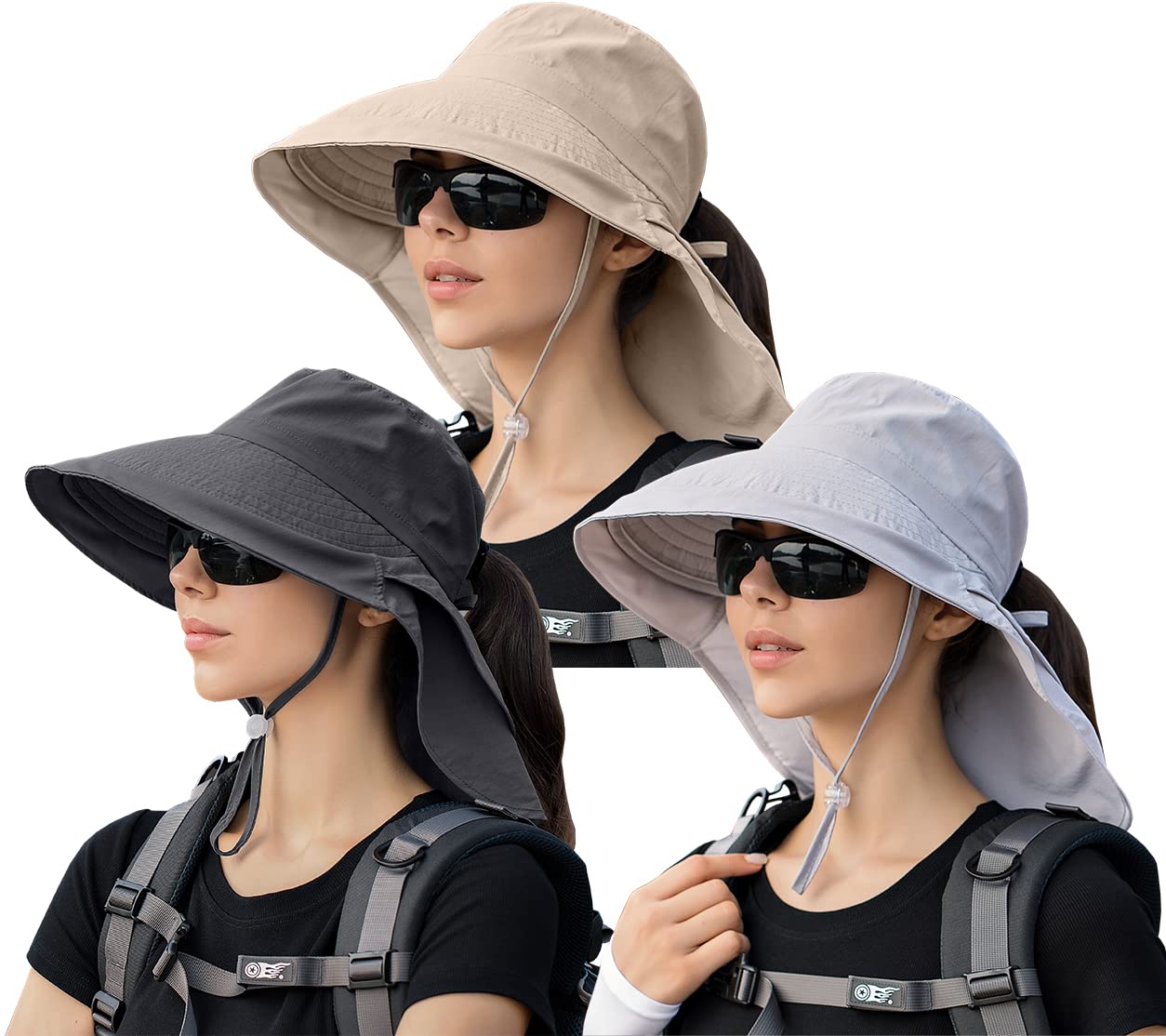 3 Pack Womens Ponytail Sun Hat with Neck Flap Wide Brim UV Protection Bucket Hat Summer Beach Fishing Hiking Garden UPF 50+