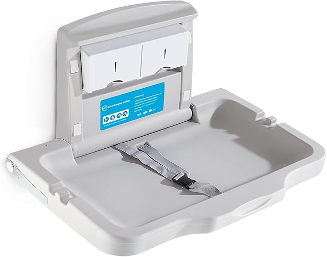 Horizontal Baby Changing Station/Table and Sign, Wall Mounted Baby Changing Unit with Safety Strap, Diaper Changing Tables for Commercial Bathroom