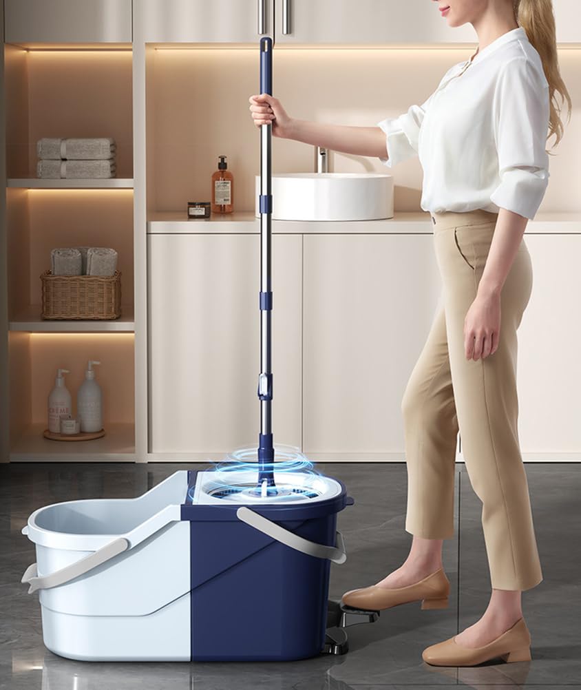 Sistema de cubeta y trapeador Giratorio de Doble accionamiento: separación de Agua Limpia/Sucia, cubeta Plegable y Desmontable, escurridor con Manos Libres, Ahorro de Espacio