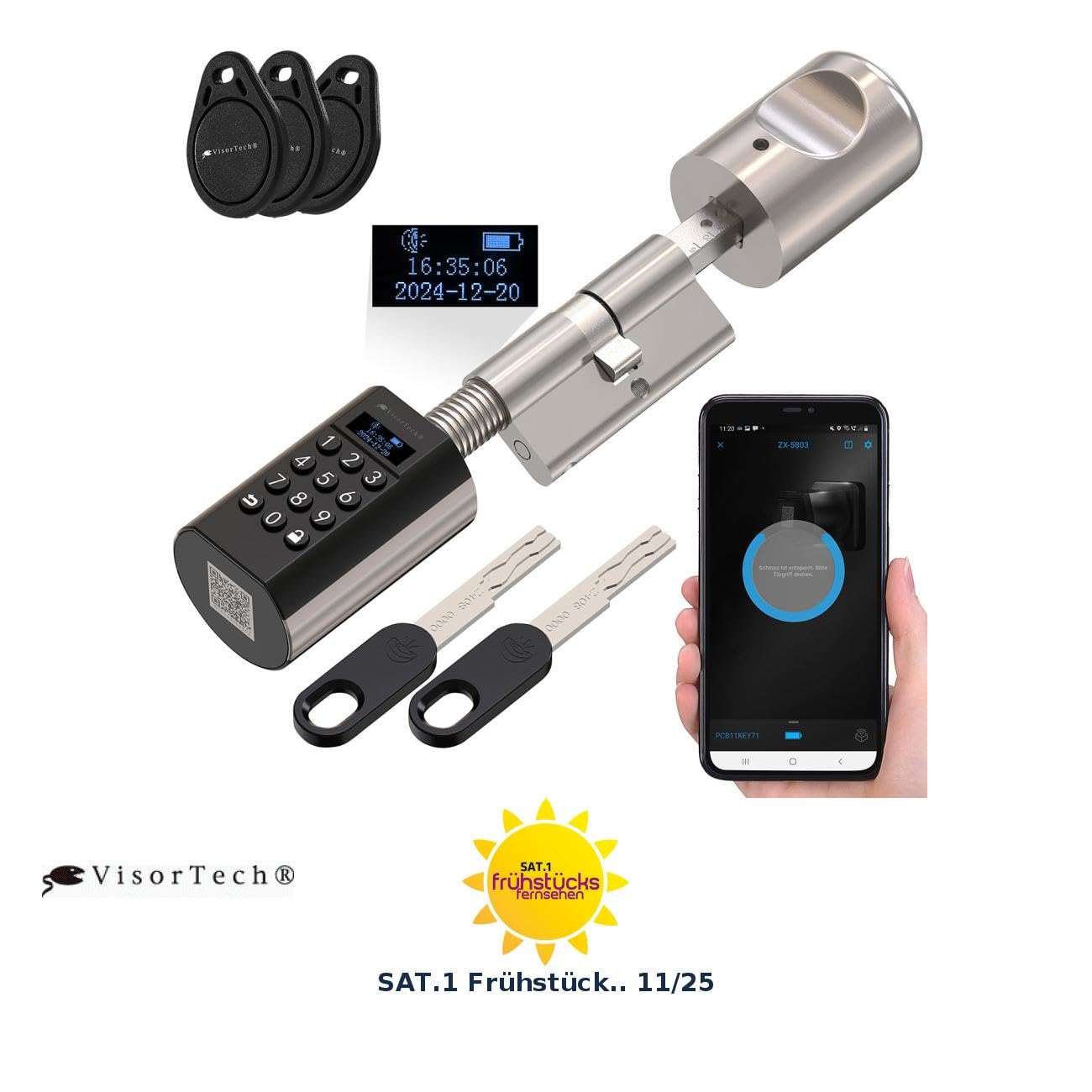 VisorTech Codeschloss: Elektronischer Tür-Schließzylinder mit Display, Code, Transponder, App (Elektrisches Türschloss, Tür-Schloss, RFID)