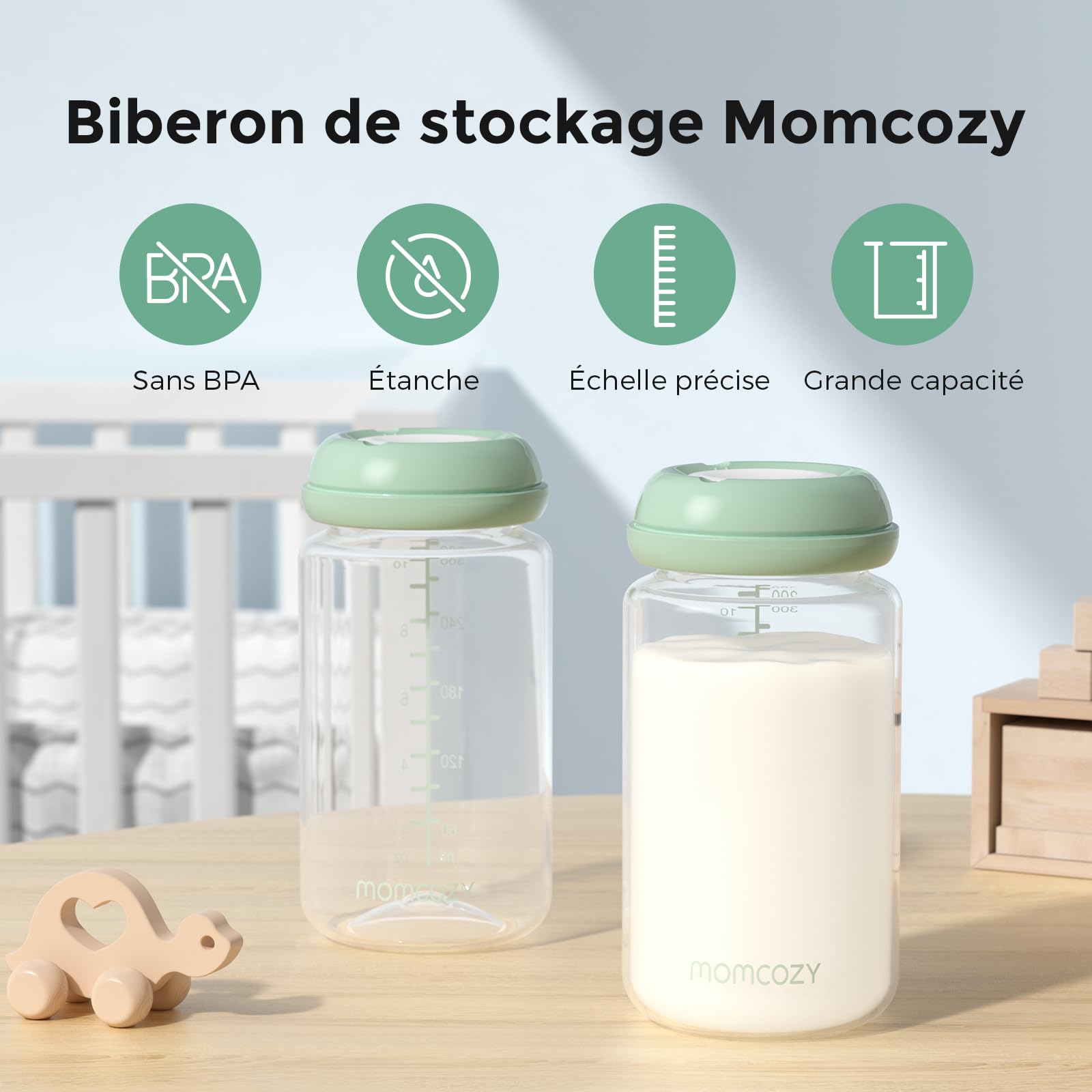 Momcozy Biberons de Stockage Lait Maternel (Lot de 4) 丨Biberon Ergonomique 325 ml丨Conservation Réfrigérateur/Congélateur丨Sans BPA丨Compatible Refroidisseurs Momcozy