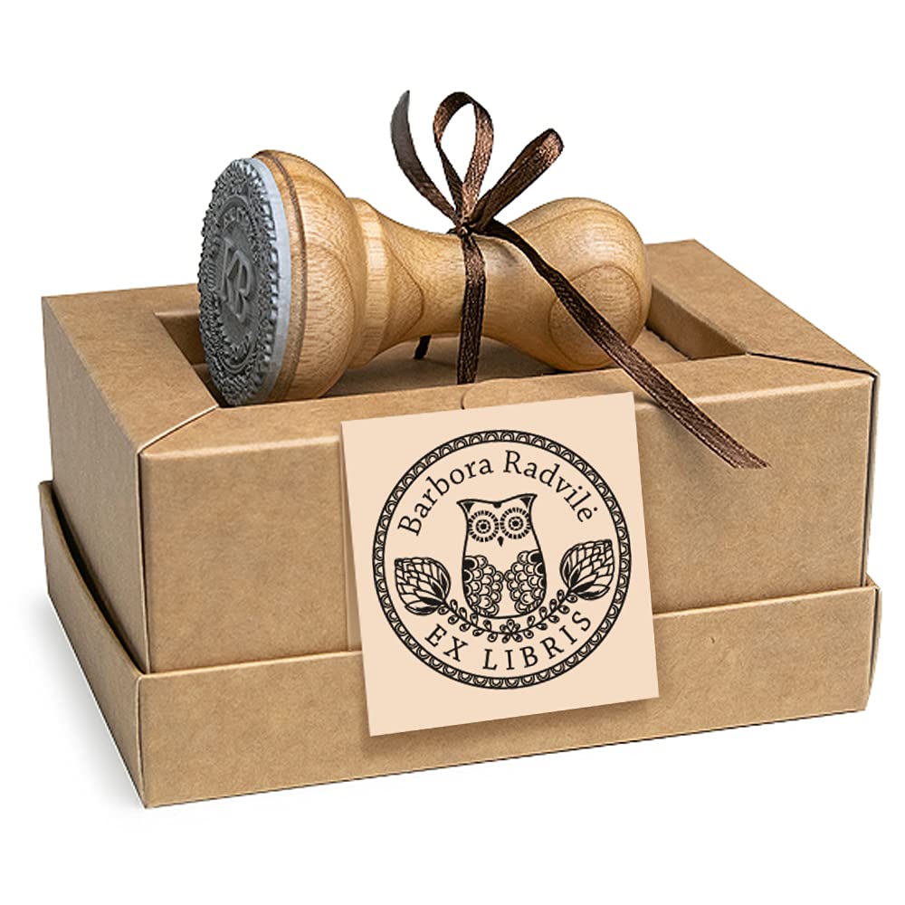 Ex libris Gufo Saggezza Uccelli, Timbri Personalizzati, Legno Rotondo 37mm, Scatole Regalo