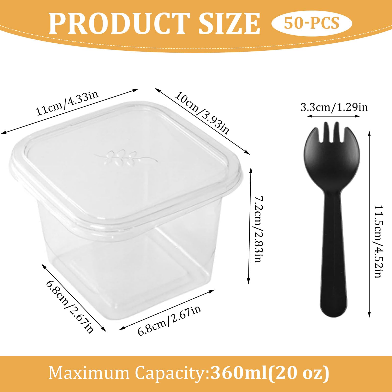 MeYuxg Plastikowe kubki deserowe, 360 ml, z pokrywką, 50 sztuk plastikowych kubków deserowych, z 50 łyżeczkami, wielokrotnego użytku, kwadratowe miseczki deserowe do deserów tiramisu, puddingu, musu