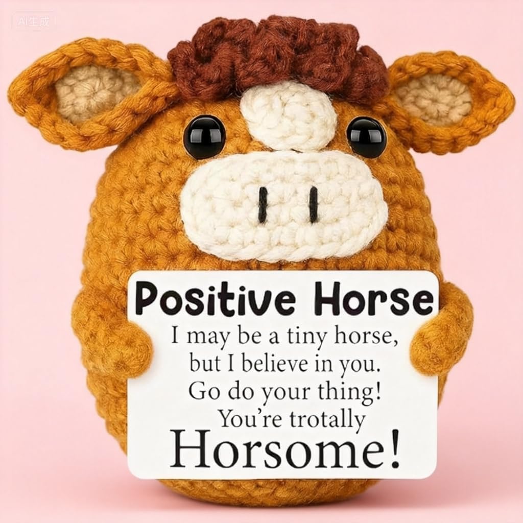 WQorphix Positive Horse Crochet Plush Toy, Cute Horse Plush, Horse Gifts for Women, Emotional Support Gift for Women, Students, Desk Decor, Positive Lover Gift, For Girls and Boys