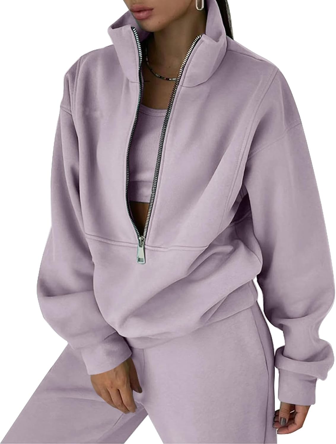 Flygo Womens Fleece 2 Piece Outfits Sweatsuit Half Zip Pullover Sweatshirt Joggers Pants Tracksuit Set