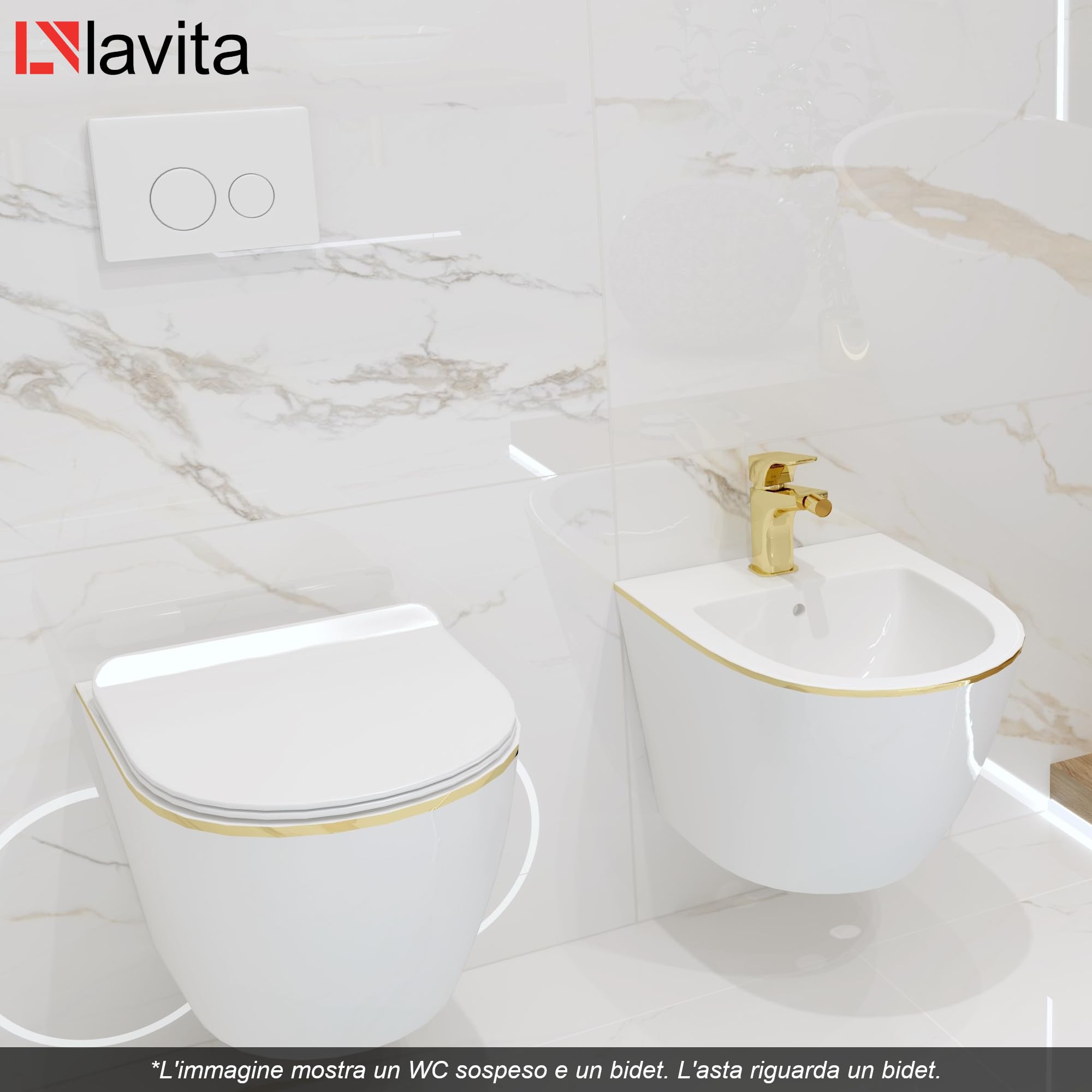 LAVITA Bidet universale da parete Sofi Gold Line con foro per rubinetto e protezione per troppopieno in ceramica, lavabo bidet per montaggio a parete, igienico e facile da pulire, 36,5 x 49 x 32,5 cm