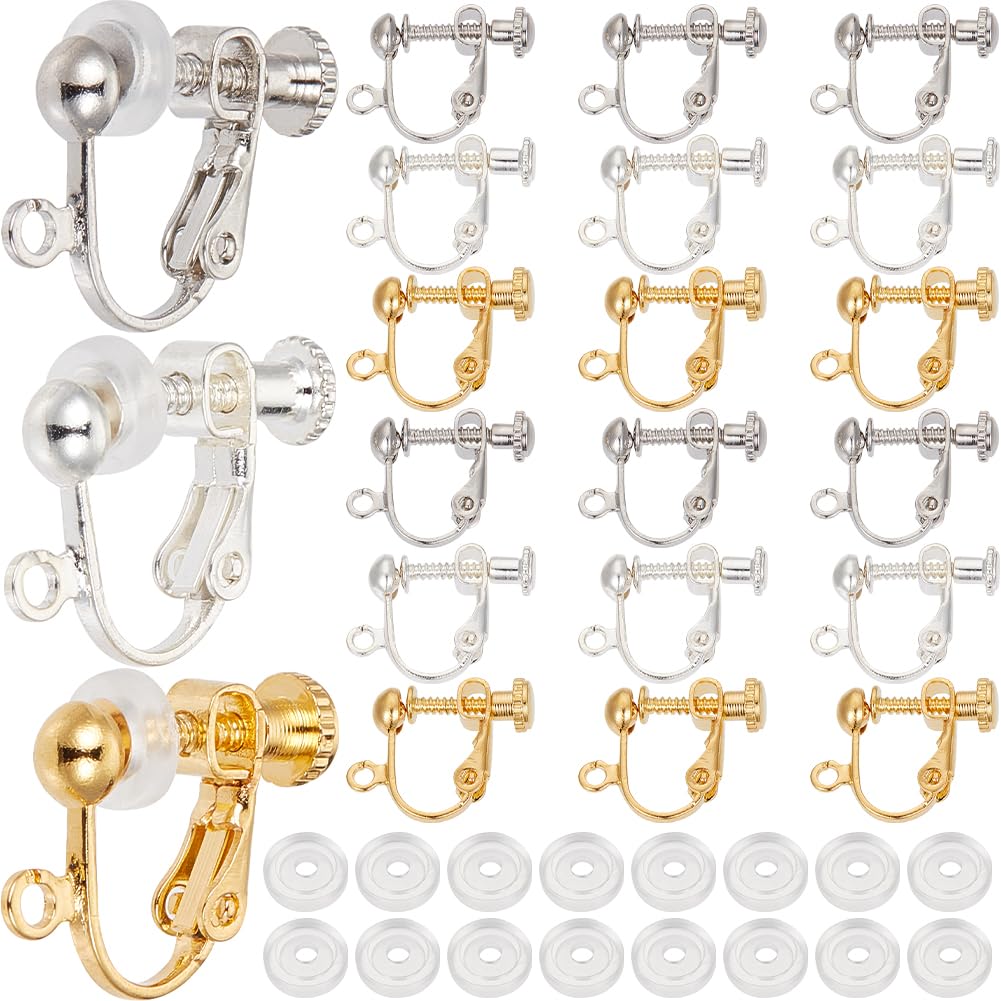 SOFPLATE 1 Box 36Pcs Silver Earring Converter Gold Clip Earrings Backs Brass Non Pierced Screw Back Clip on Ear Components with Silicone Pad Accessories for Jewellery Making Supplies DIY Craft