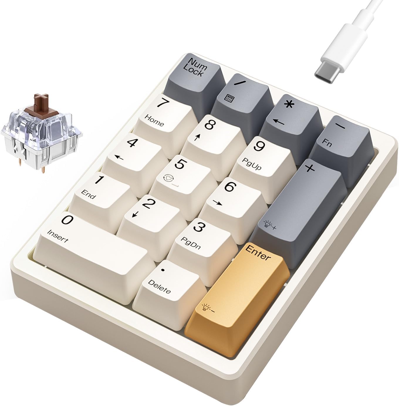 KN17 Wired Mechanical Number Pad- 17 Keys Hot Swappable Numpad with White Backlight& PBT Keycaps for Laptop PC Compact Keyboards (Retro Beige, Brown Switch)