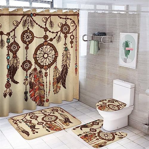 Retro Rustic Dream Catcher Shower Curtain Sets 4 Piece,Abstract Boho Native American Dreamcatcher Hippie Feather Bathroom Decor Sets with Rugs Include Waterproof Non-Slip Toilet Lid Cover Bath Mat
