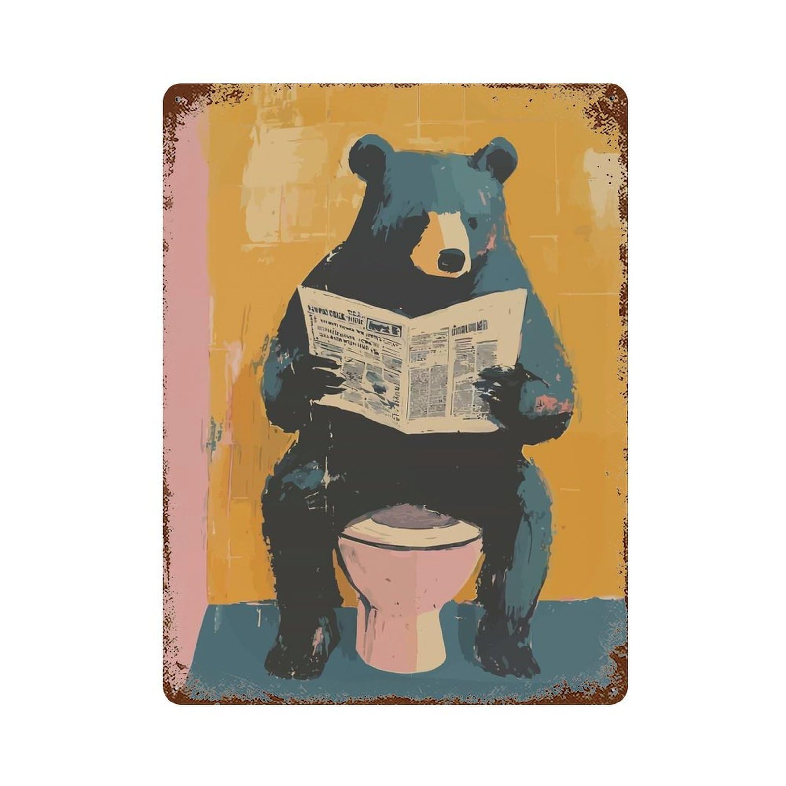 Bear Reading Newspaper on Toilet Vintage Metal Tin Sign 15.7"x11.8", Retro Wall Decor for Office, Studio And Wall Decor