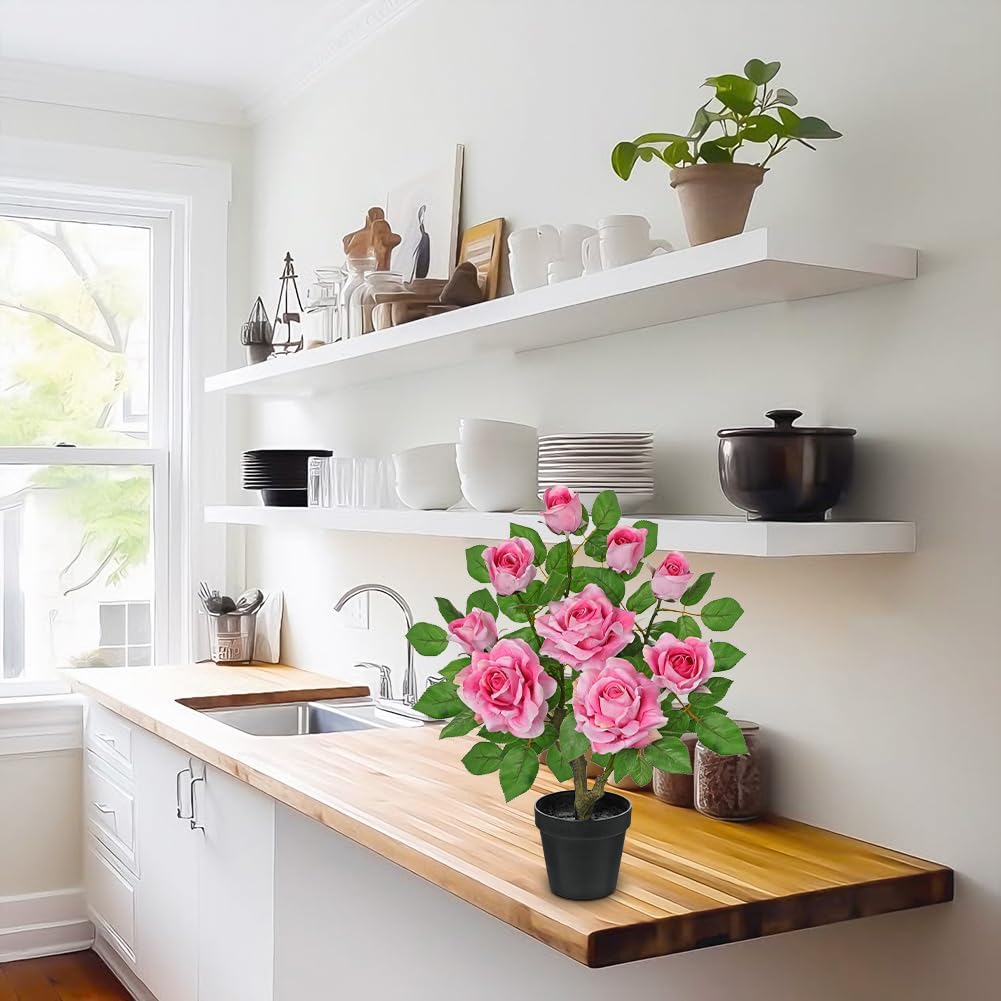 Artificial Rose Flowers Potted Plant - 17.7" Small Fake Pink Roses Tree with Black Pot Indoor Outdoor Faux Plants & Flowers Silk Rose Flower Floral Arrangement for Home Table Kitchen Office Decor