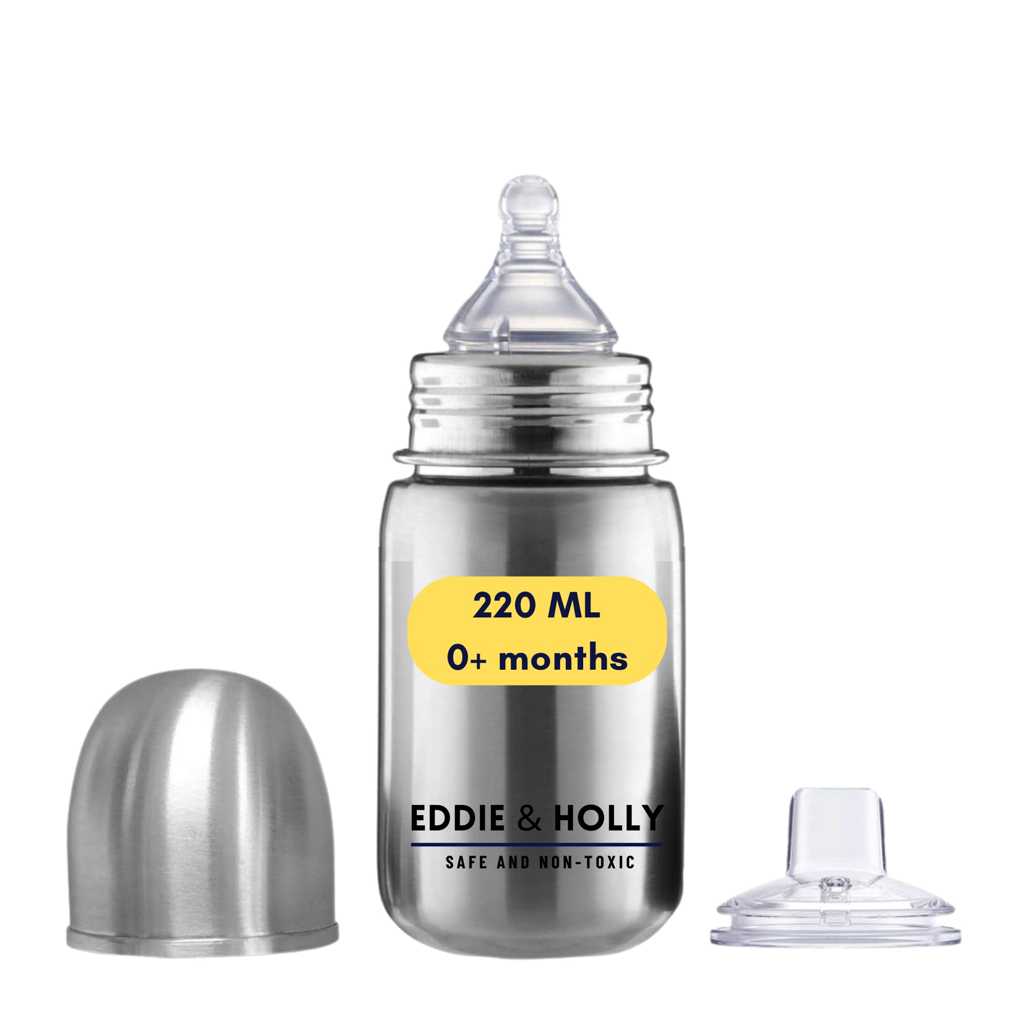 Eddie & Holly Steel Feeding Bottle | Wide Neck | Premium Stainless Steel | Anti-Colic | BPA Free Feeding Bottle for New Born Baby | Feeding Bottle for 1+ Year Baby (220 ML, 2 in 1)