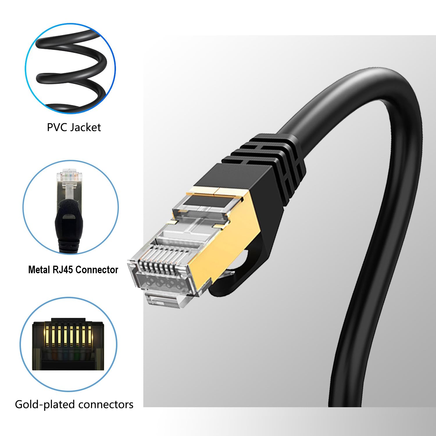 Elfcam® - 55m Cable de Red Ethernet Cat 7, STP 100% Cobre 28AWG, 6mm Diámetro Cable Ethernet Network LAN 10000Mbit/s con Conector RJ45, Cable Redondo, Color Negro, 55m