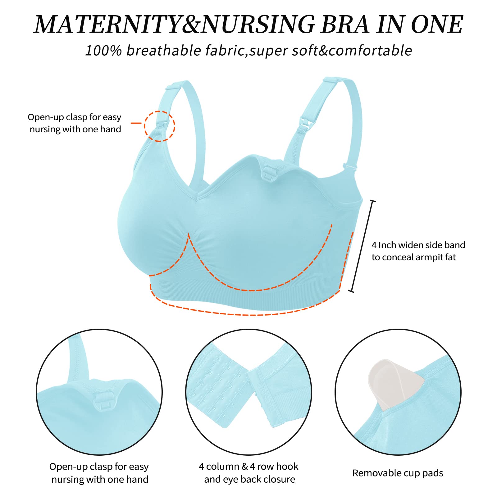 Dresime Reggiseni Allattamento 3 Pezzi Senza Cuciture Reggiseno Premaman Senza Ferretto Morbido con Imbottito Reggiseno Gravidanza con Estensioni Extra del Reggiseno e Clip