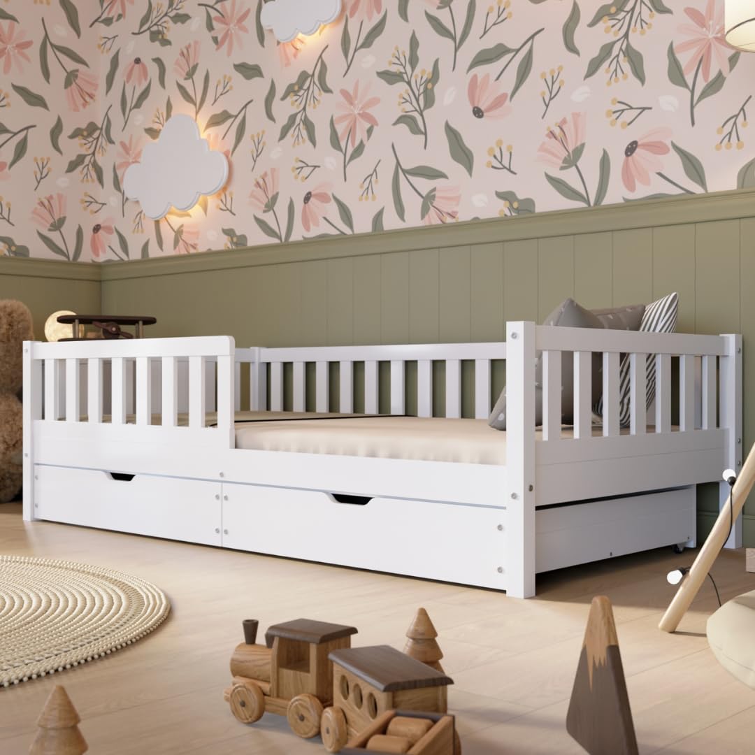 Łóżko dziecięce z szufladami Crazy Basic 200 x 120 cm - Montessori białe łóżko z zabezpieczeniem przed wypadnięciem - Bezpieczne dla najmłodszych - Łatwy montaż