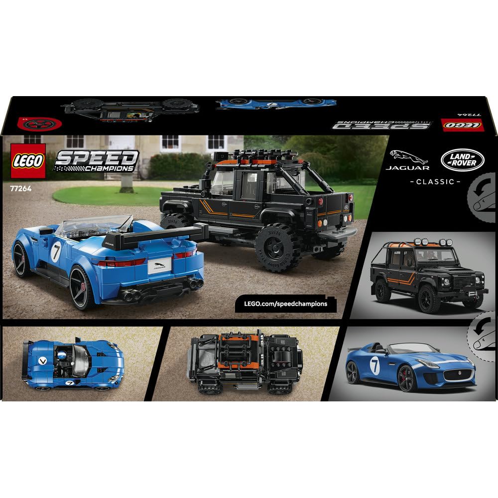 LEGO Speed Champions Jaguar Project 7 i Land Rover Defender 77264 | Model samochodu, zestaw klocków, prezent dla fana motoryzacji 10+, z minifigurką, 740 elementów