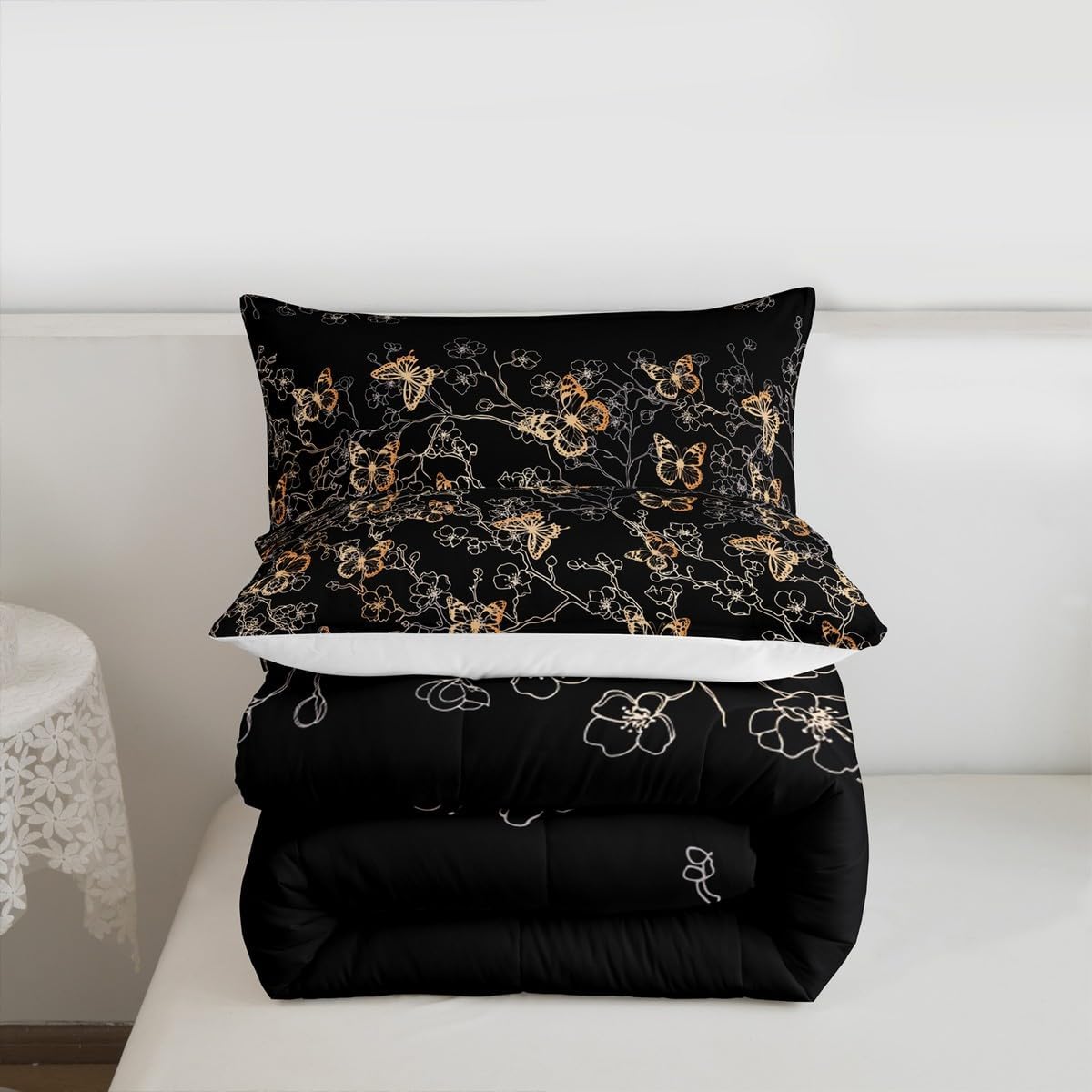 Feelyou Girls Butterfly Comforter Set Queen Size Cherry Blossom Bedding Set for Kids Boys Gold Beautiful Butterflies Duvet Quilt Bedroom Decor 3 Pcs with 2 Pillow Cases