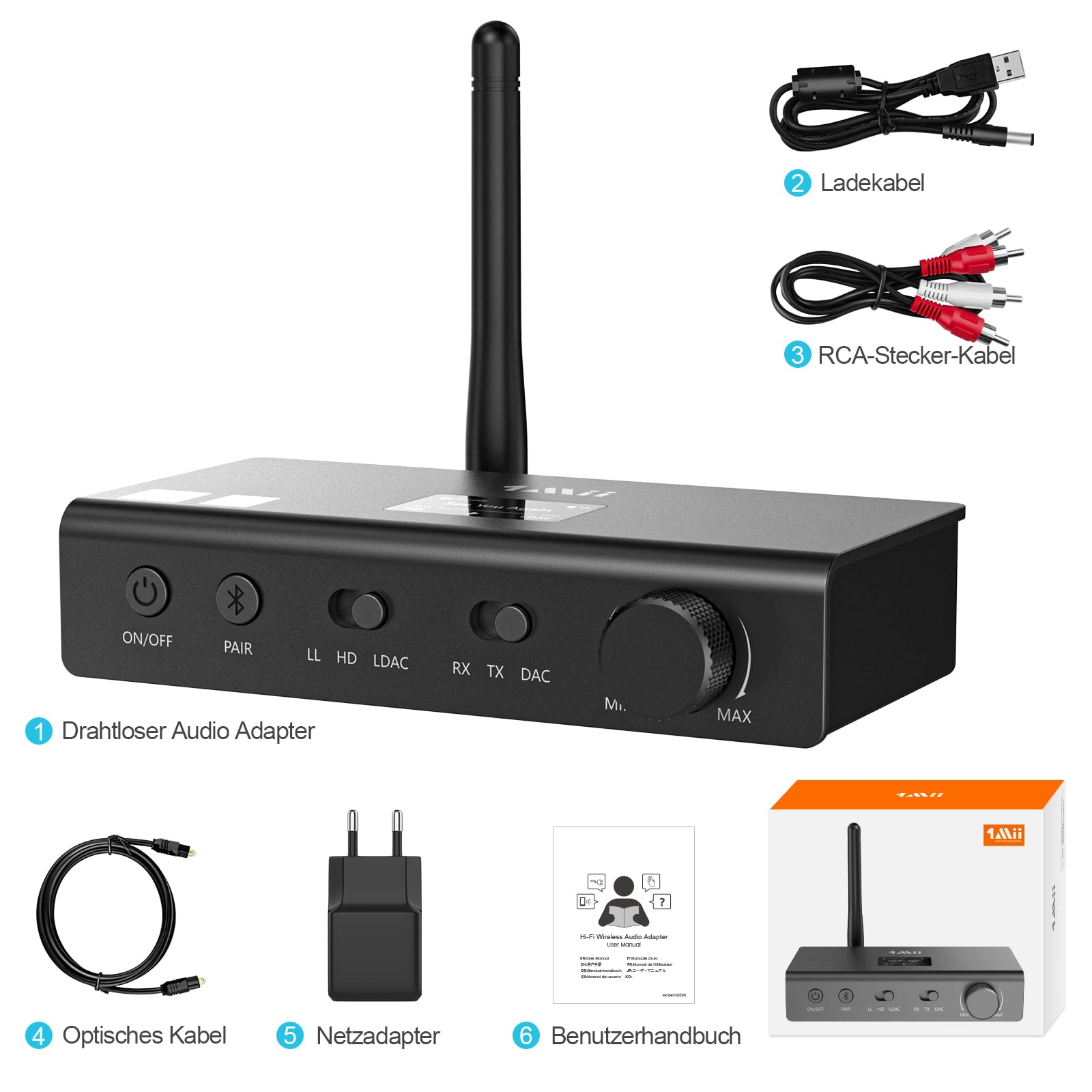 1Mii Transmisor HiFi Bluetooth receptor para TV, G de gran alcance, adaptador de audio inalámbrico con audiófilos DAC, LDAC, aptX HD/LL, pantalla OLED, salida RCA coaxial óptica, entradas -DS700