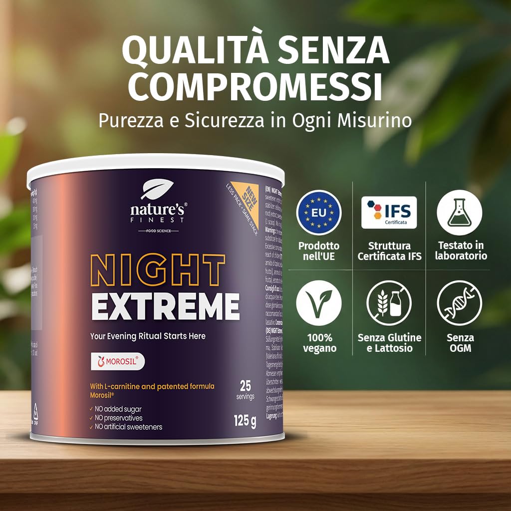 Nature’s Finest Night Burn Extreme - Bevanda Serale in Polvere con Morosil Arancia Rossa, Valeriana ed Estratto di Vite Rosso - 125g, Formula Vegana Senza Glutine