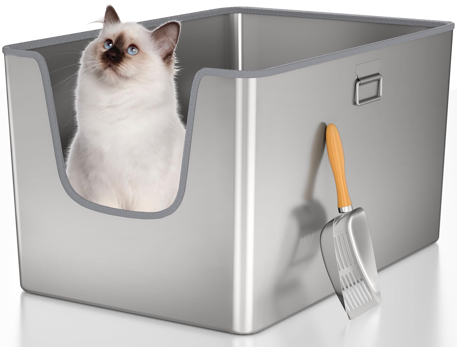 XXL Stainless Steel Cat Litter Box with High Side,No Sharp Edges for Big Cats,One-Piece Deep Metal Litter Box with Curved Low Entry,Anti-Leakage,Non-Sticky,Easy Cleaning(Side Entry)