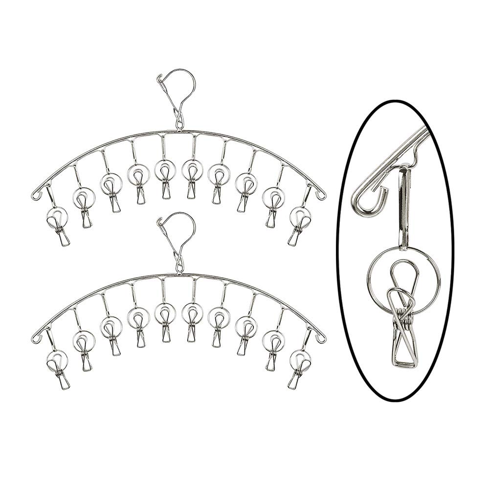 RoseAuroma 2 Pack of Stainless Steel Hanging Laundry Drying Rack Sock Rack with 10 Overstriking Wire Clothespins, Drying Hanger for Drying Clothing Towels/Diapers/Underwear/Bars