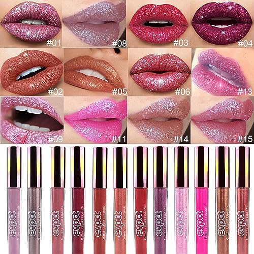 Image of evpct 2Pcs Rose & Hot Pink Glitter Metallic Shimmer Diamond Lipstick Lip Gloss Set for Women Long Lasting Waterproof, Light Bright Rose Pink Sparkle Glitter Matte Liquid Lipstick Lip Gloss Makeup Kit