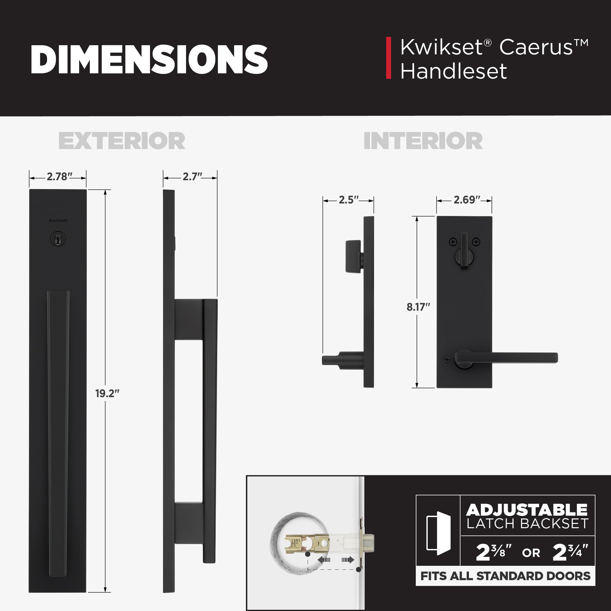 Kwikset Careus - Juego de manija y cerrojo de seguridad para puerta delantera, juego de manijas de puerta de entrada exterior con palanca reversible interior, negro mate, resistente a las púas