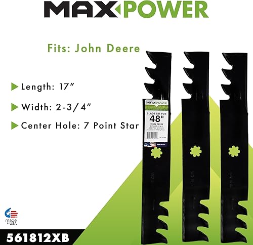 Miniatura 4 de MaxPower 561812XB - Juego de 3 cuchillas de trituración comerciales 3-N-1 para cortadoras John Deere de 48 pulgadas, sustituye al fabricante