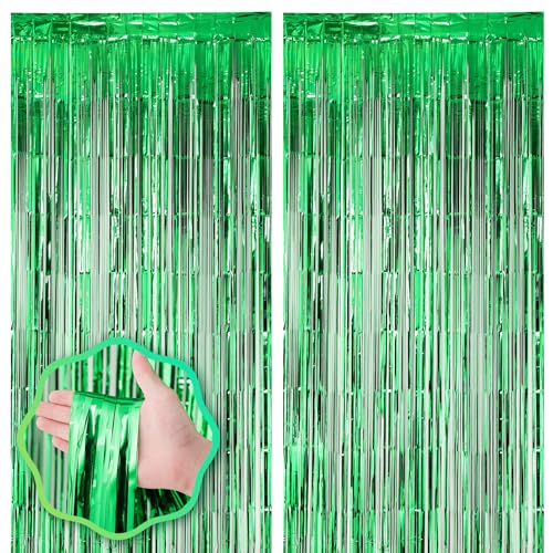 Image of Voircoloria 2 Pack Green Foil Fringe Backdrop Curtains, Tinsel Streamers Birthday Party Decorations, Fringe Backdrop for Graduation, Baby Shower, Gender Reveal, Disco Party
